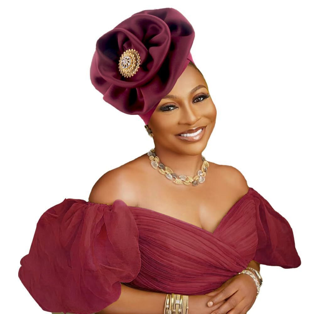 9162 Elegant Floral Turban Head Wrap, Crystal Brooch Detail, Multi-Color